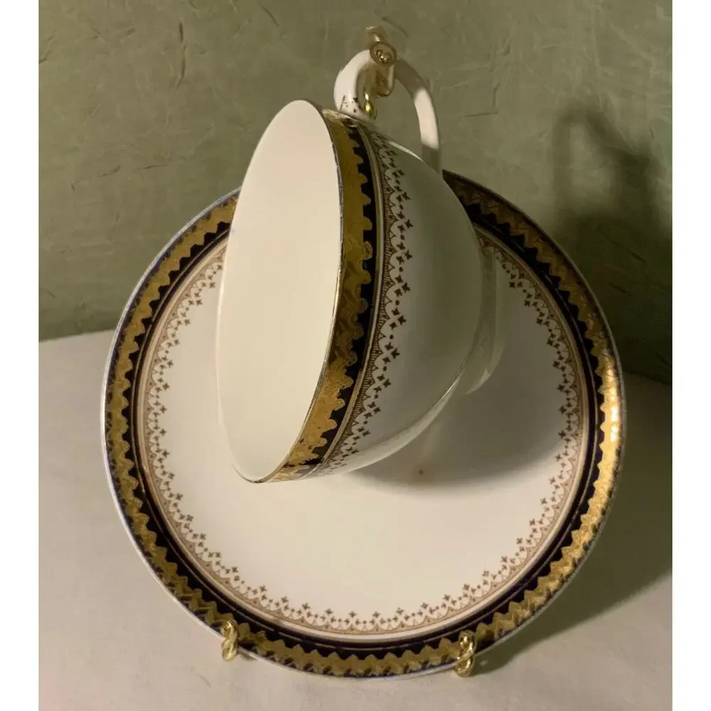 Cup & Saucer White w Blue/Gold Trim BOOTHS Silicon China England “OR REPOUSSE”